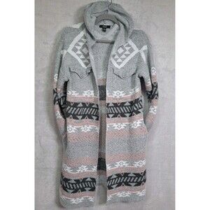 Open Cardigan Aztec Southwest Long Hooded Duster Womens Large Gray Pink Rodeo